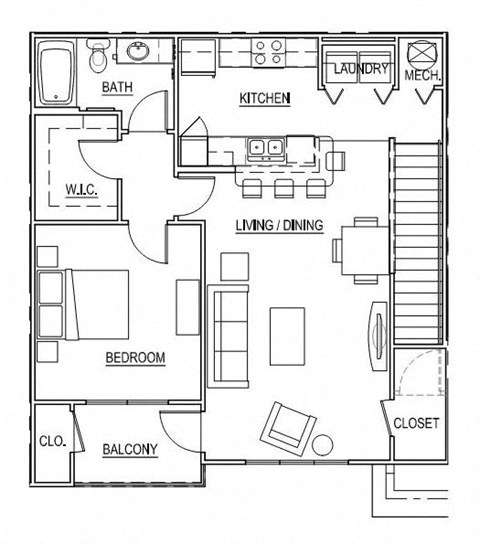 Floor plan for 1 bed, 1 bath, 995 sqft